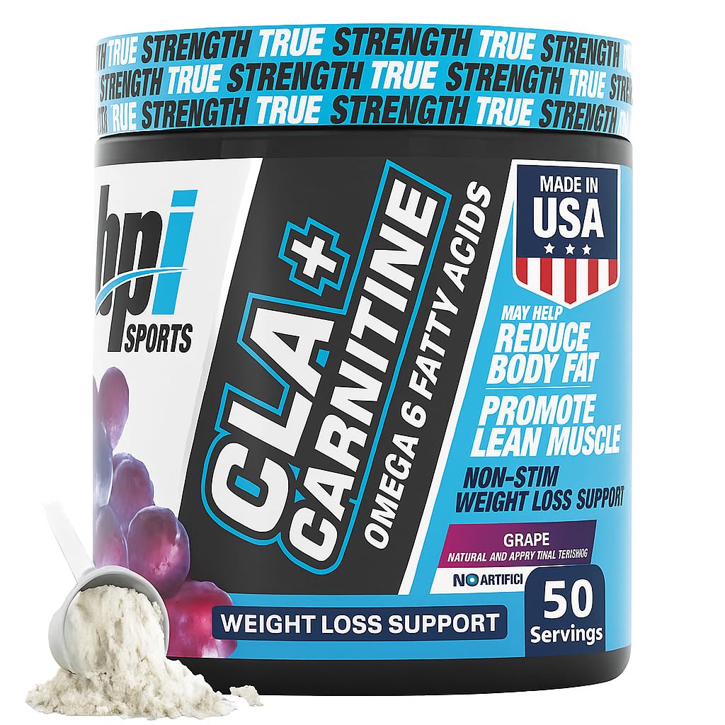 BPI Sports CLA+Carnitin – CLA L Carnitin & Linoleic Acid – L Carnitin Ergänzung für Gewichtsverlust, Stoffwechsel & Lean Muskel – Koffeinfrei – Trauben – 50 Portionen – 12.34 Unze