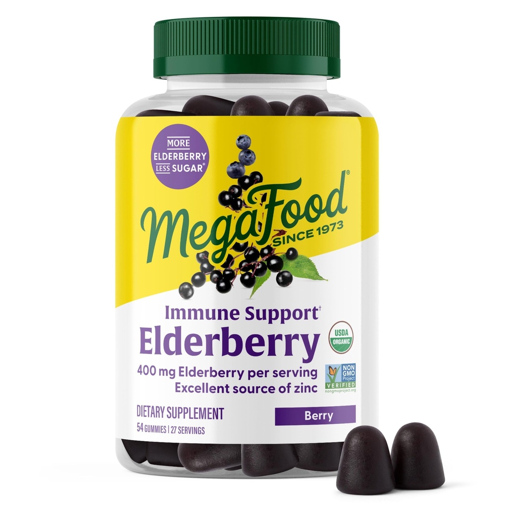 Megafood Immune supplément de soutien aux baies aînées - Gommies Vegan Elderberry pour adultes - Fabriqué avec du zinc et de la nourriture réelle - Pectine-Based, sans gluten, USDA Organic - 54 Gommies, 27 portions