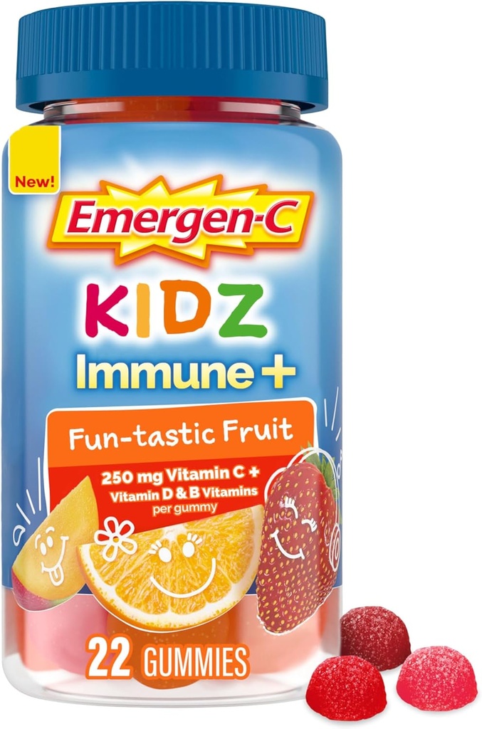 Emergen-C Kidz Immune+ Immune Support Nahrungsergänzungsmittel, Geflammte Gummis mit Vitamin C, B Vitamine und Vitamin D für Immununterstützung, Fun-Tastic Fruit Flavored Gummis - 22 Count