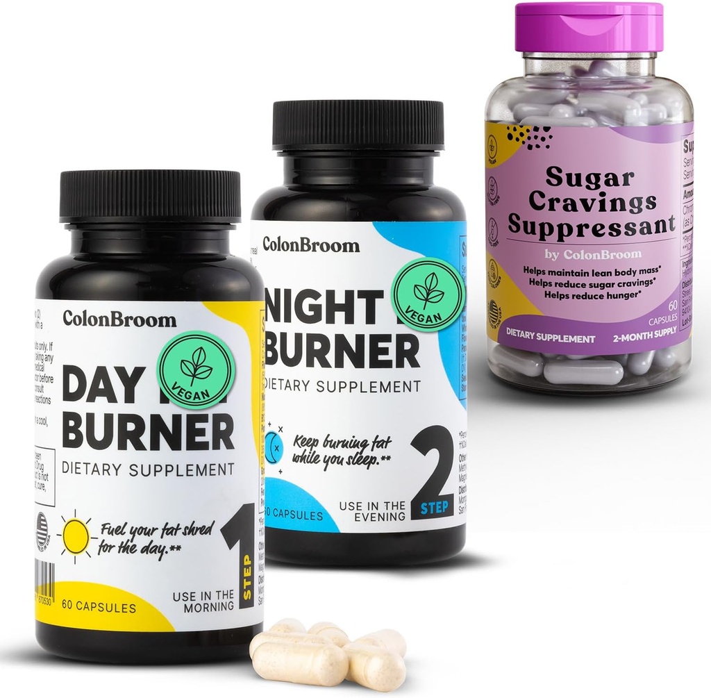 ColonBroom Day & Night Burner Supplements, Gewichtsverlust Pillen (60 Servietten) + Zucker Craving Suppressant - Chromium Picolinate 200mcg (60 Servietten), 3 Artikel