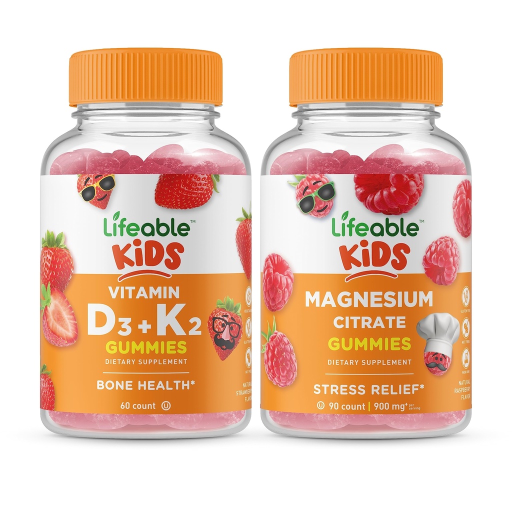 Vitamine vivante D3 + Vitamine K2 Enfants + Magnésium Enfants, Gommies Bundle - Grande dégustation, supplément de vitamine, sans gluten, sans OGM, gommy à croquer