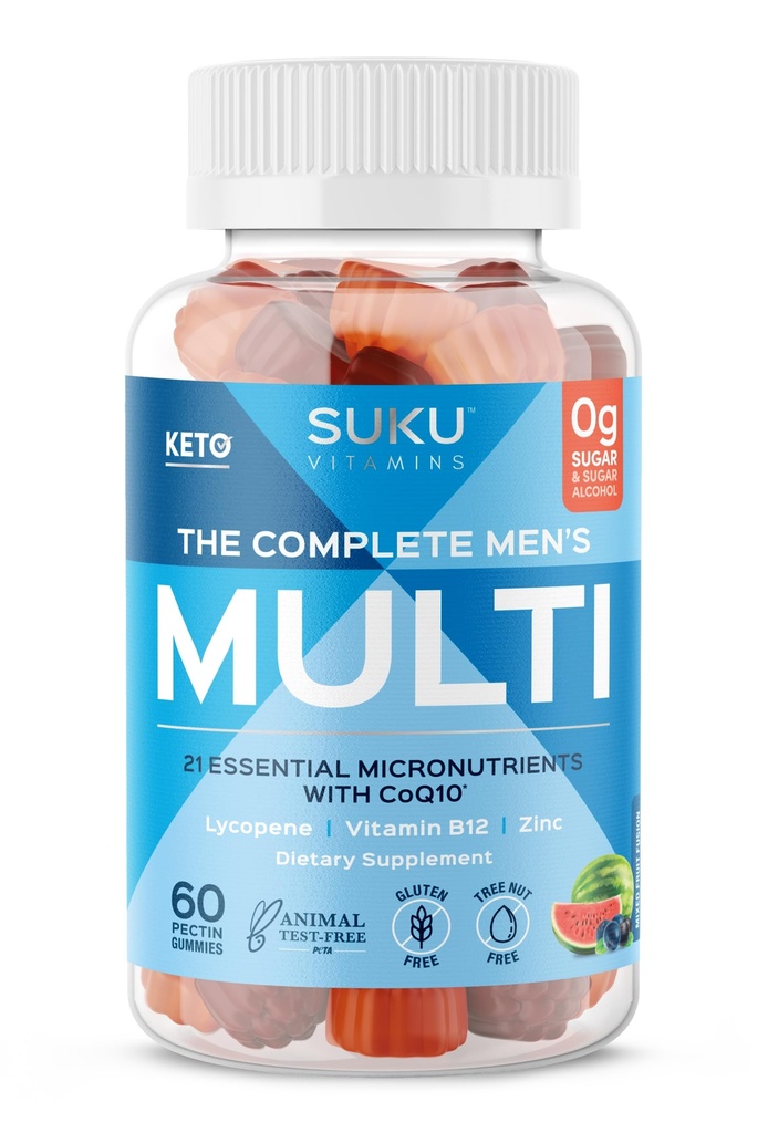 Gummies multivitamines quotidiennes pour hommes SUKU – Vitamines A, B12, C, D3, E, Zinc, CoQ10 & Lycopène – Soutien de la prostate, du cœur et de l'immunité – Sans sucre, végétalien, fusion de fruits mélangés – Compte 60