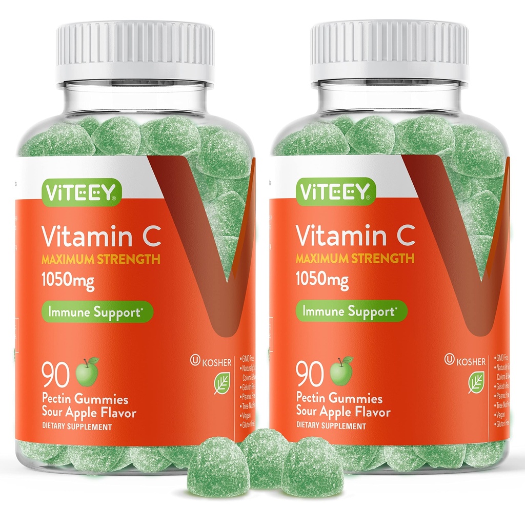 Viteey Kaubare Vitamin C Gummi für Erwachsene - 1050mg Maximale Stärke Immununterstützungsergänzung - Vegan, Glutenfrei - 180 Count
