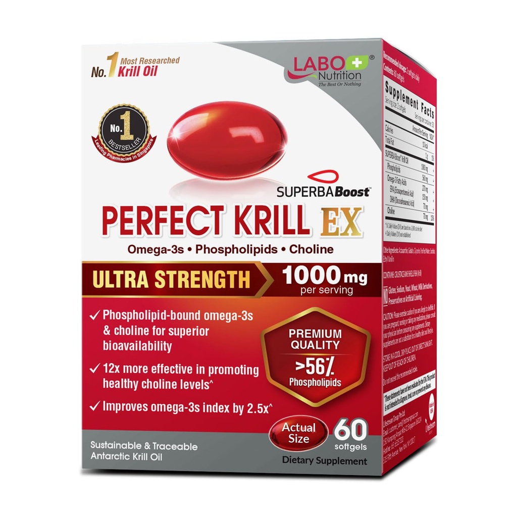 LABO Nutrition Perfect Krill EX, 1000mg Antarctic Krill Oil Omega 3 EPA DHA, Höchste Phospholipide (Over 56%) mit Choline, Astaxanthin | Heart Brain Eye Joint Health, Made in USA, 60 Softgels