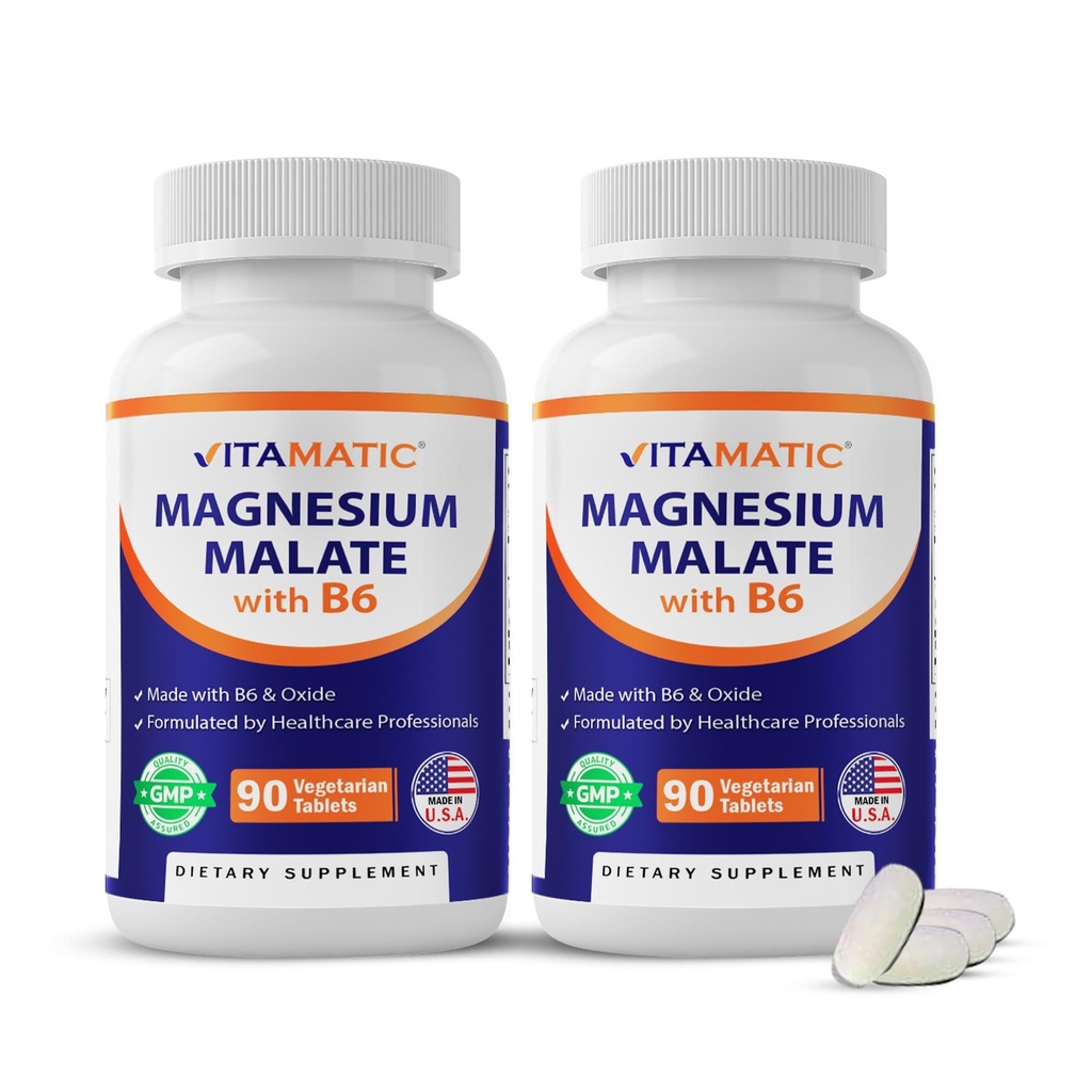 Malate de magnésium vitamatique 2000mg par portion - 90 comprimés végétariens - Ajout de B6 pour absorption maximale - Soutient la santé musculaire, articulaire et cardiaque* (2 bouteilles, non aromatisées)