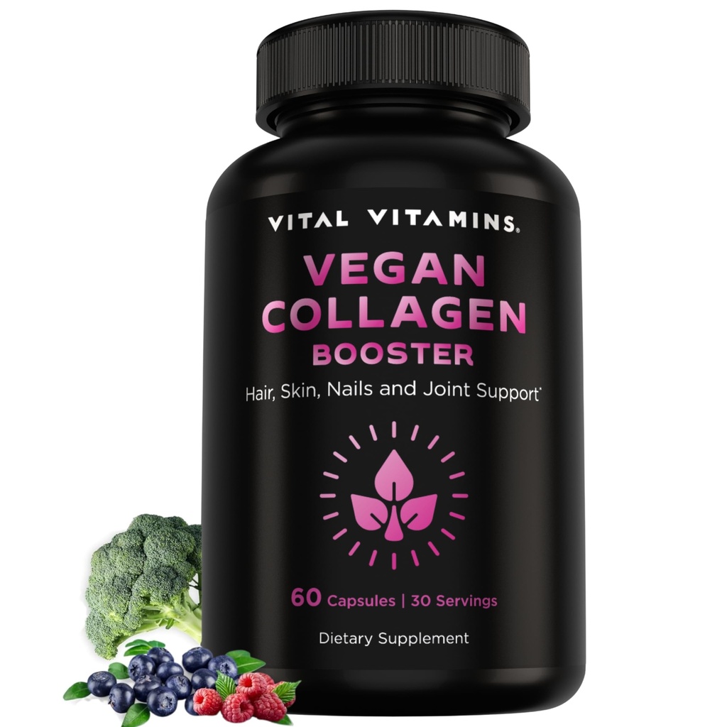 Vitamines Vitales Vegan Collagen Booster - avec Silice et l'acide hyaluronique - Suppléments de collagène à base végétale - Supporte cheveux, peau, ongles et articulations - 60 capsules