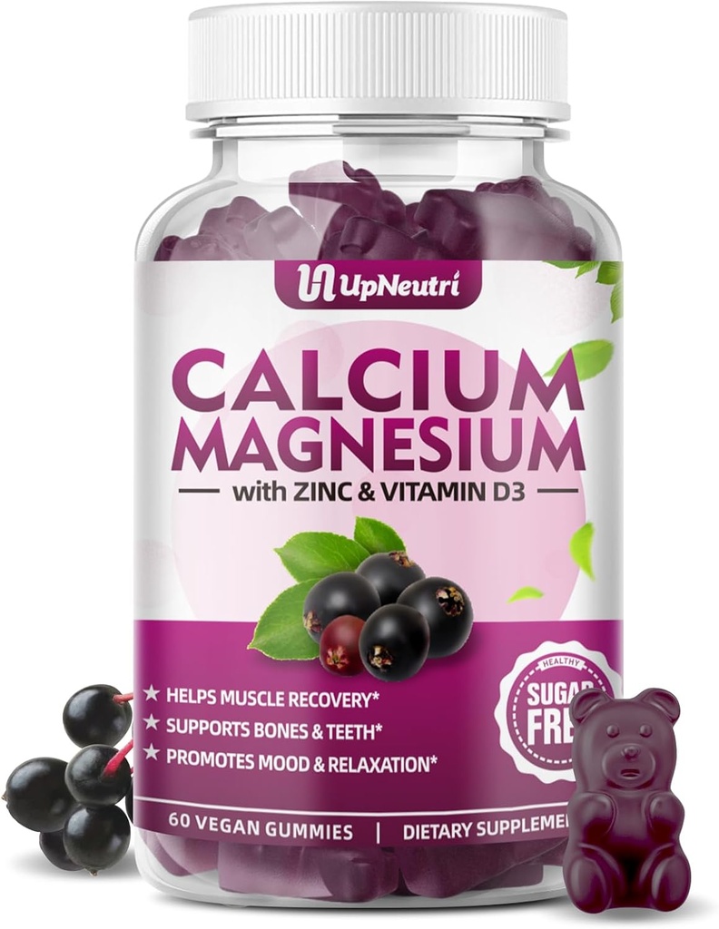 Calcium Magnesium Zink mit Vitamin D3 Beilage, Zucker freie Kalziumgummis für Damen, hohe Absorption Zink-Gummien für Knochen & Muskel & Immun Gesundheit, Vegan Elderberry Flavor - 60 Count