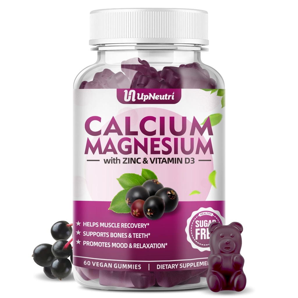 Zinc de magnésium de calcium avec supplément de vitamine D3, Gommies de calcium sans sucre pour les femmes hommes, Gommies de zinc d'absorption élevée pour les os et les muscles et la santé immunitaire, saveur de mûrier végétalien - 60 comte