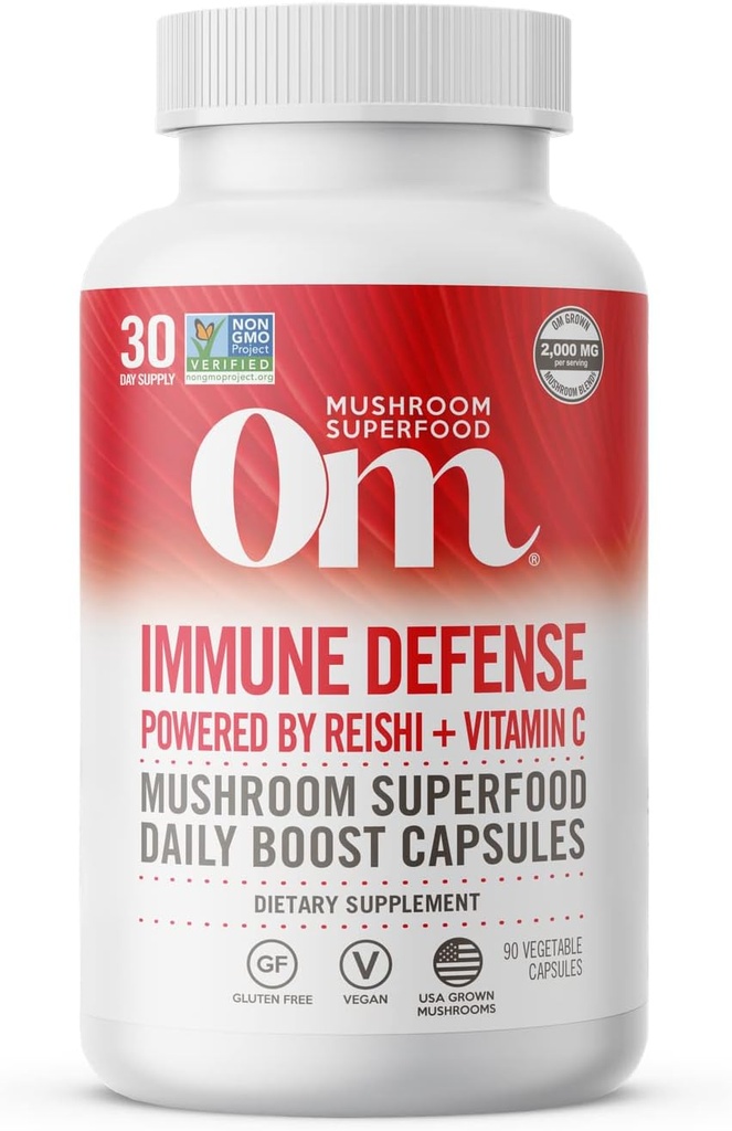 Om Mushroom Superfood Imune Defense Mushroom Capsules Superfood Supplément, 90 Comte, 30 Jours, Mélange de champignons, Reishi, Turquie Tail, Maitake, Agaricus Blazei, Vitamine C, Vegan