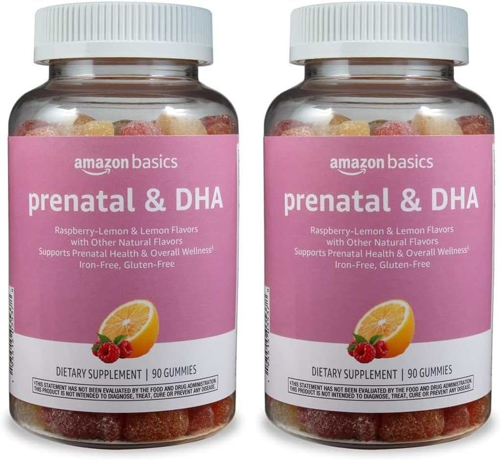 Amazon Basics Prenatal & DHA Gummy, Rasberry & Lemon Flavor, 90 Count (Previously Solimo) (Pack von 2)