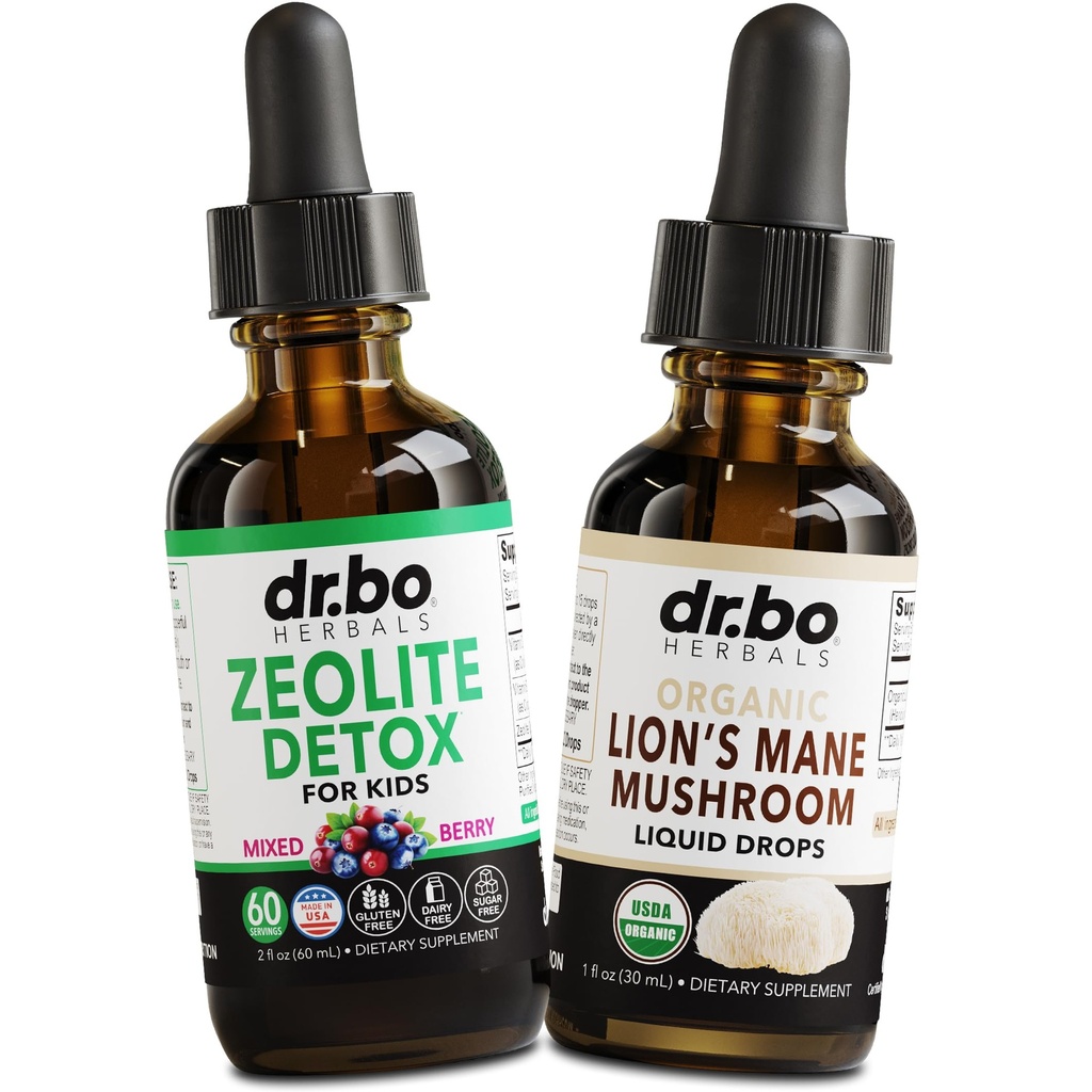 Zeolite Detox & Lions Mane Drops - Zeolite pour les enfants et les adultes avec des vitamines B12 & D, Clinoptilolite corps doux quotidien detox Cleanse - Bio Lion's Mane Mushroom Liquid Drops for Focus, Fog, Brain
