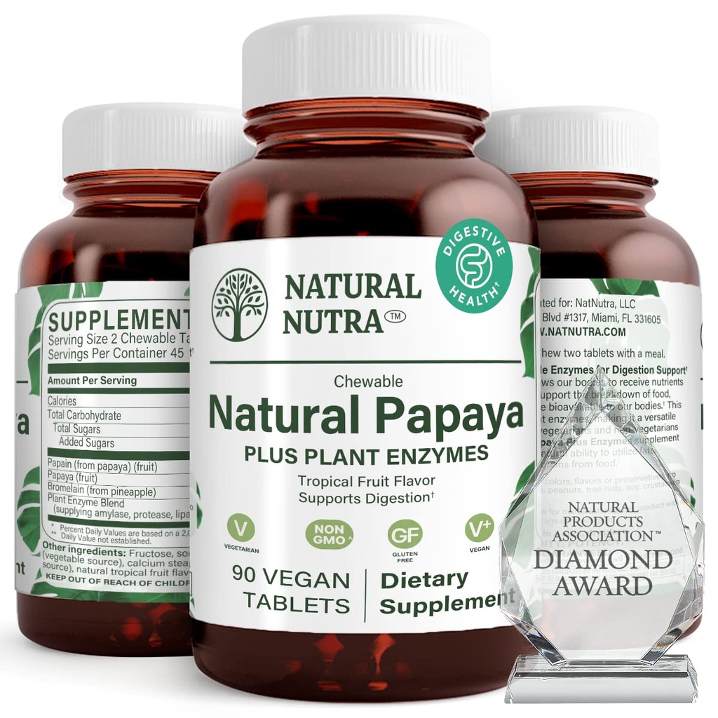 Natürliche Nutra Papaya Kaubare Enzyme für Verdauung und Körperreinigung - unterstützt Verdauungs-Gesundheit, Ease Gastrointestinal Discomfort - Nährstoffaufnahme und Reduziert Bloating - 90 Vegan Tabletten