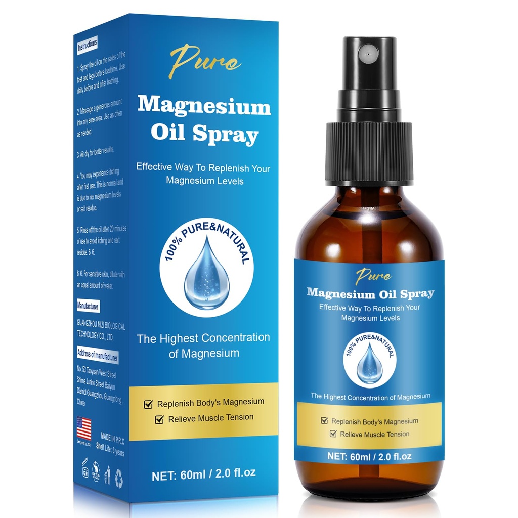 Reines Magnesiumöl Spray,Magnesiumspray,Magnesiumöl für Füße, Magnesiumglasflasche,2 fl oz/60ml, einfach zu absorbieren und zu verwenden