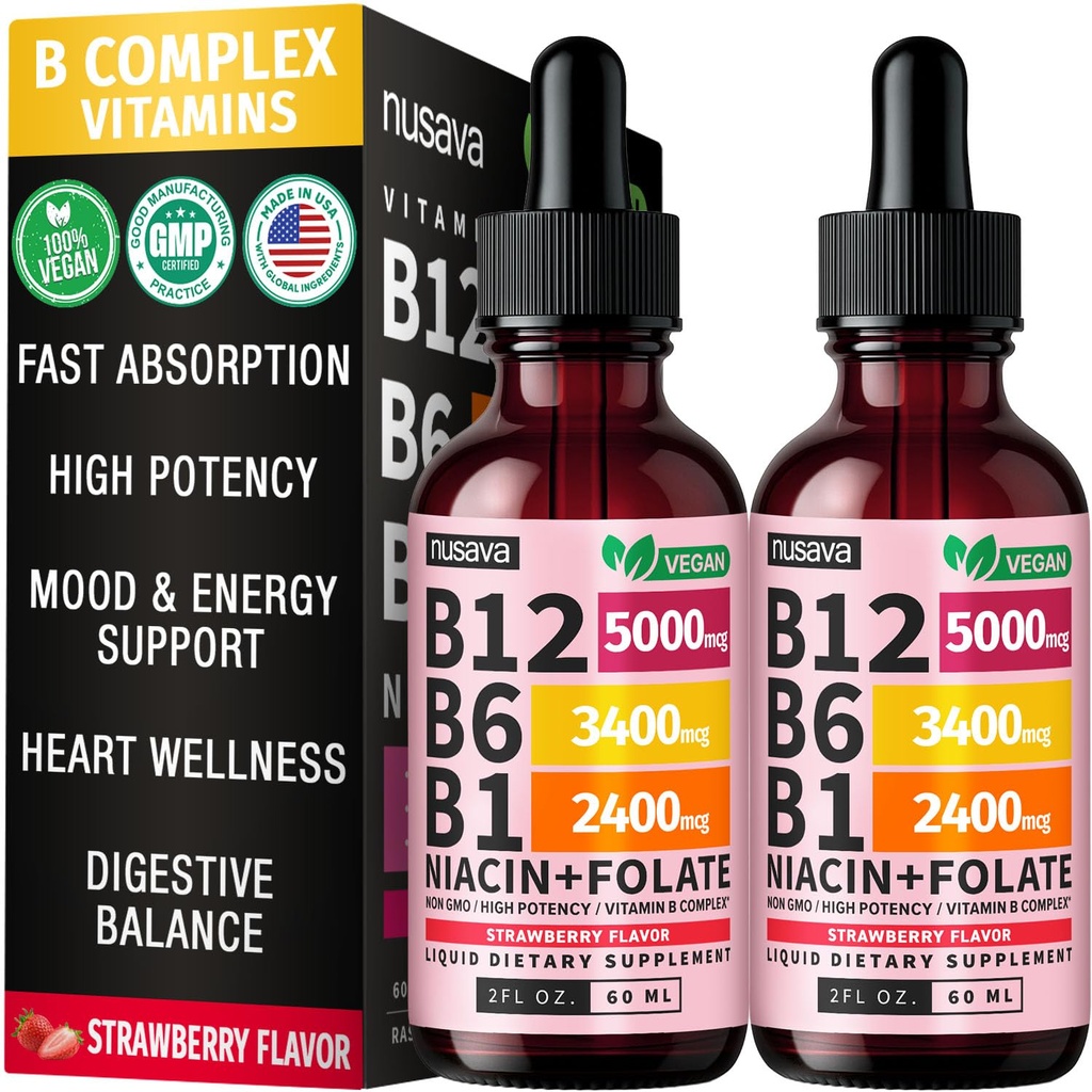 (2 Pack) Vitamin B12 und B6 Flüssigkeitstropfen, B12 Sublingual Vitamin B Complex - B 12 Vitamin 5000mcg - B12 Methylcobalamin für Energie, Gehirn und Herz Unterstützung mit 27,200 mcg, Erdbeere, 80 Servierungen
