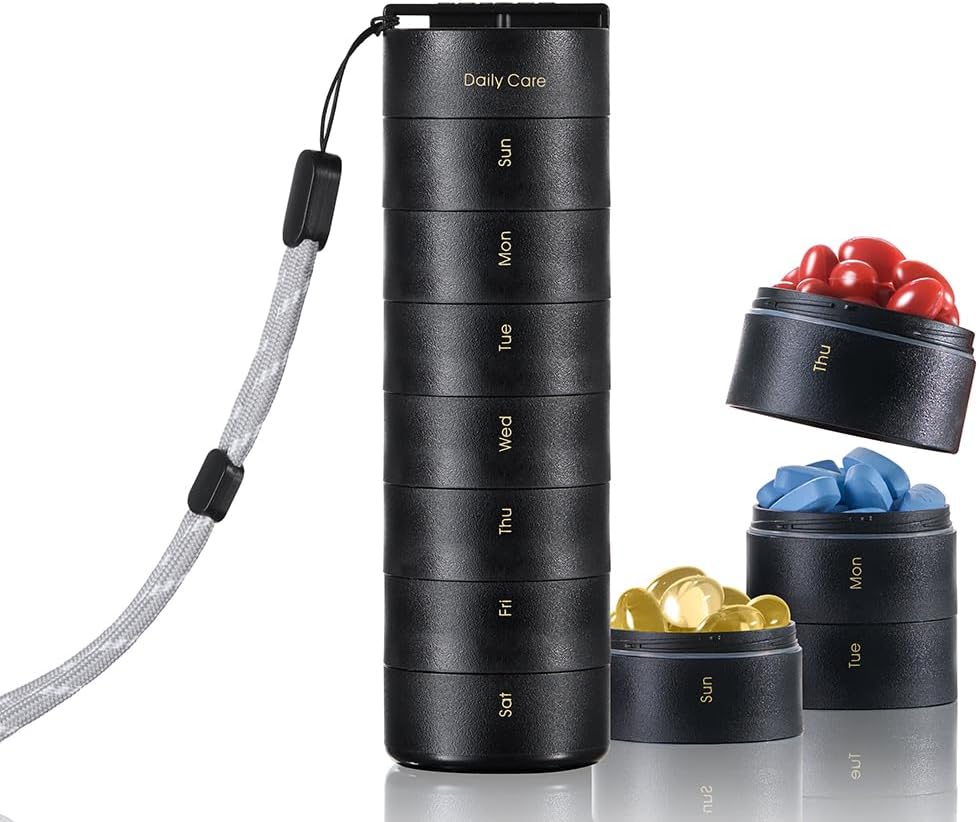 Ankomn Travel Vitamin Organizer – Stackable Daily Organizer mit sicheren Twist Lid, luftdicht und leichtgewichtig für On-The-Go. Langlebiges BPA-freies Material, groß für Pillen, Nahrungsergänzungsmittel & Vitamine (schwarz)