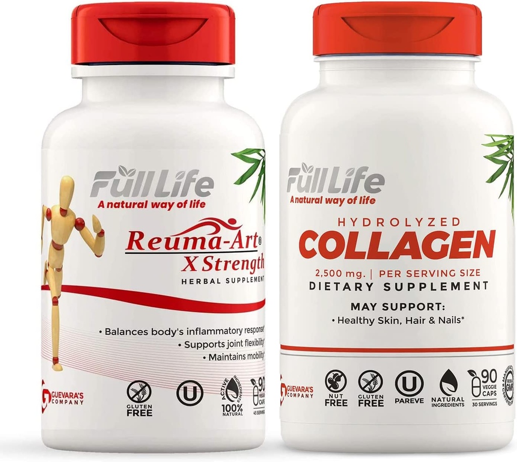 Full Life Reuma-Art X Stärke und hydrolysierte Collagen - Joint Support Supplement - Bovine Collagen Pillen - Kosher, Glutenfrei - 90 Veggie Kapseln Jede