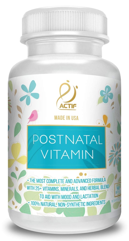 ACTIF Vitamine postnatale avec 25+ Vitamines organiques et herbes organiques, supplément de soins infirmiers et d'allaitement, soutient le développement du cerveau de bébé, non OGM, fabriqué aux États-Unis, 90 Compte