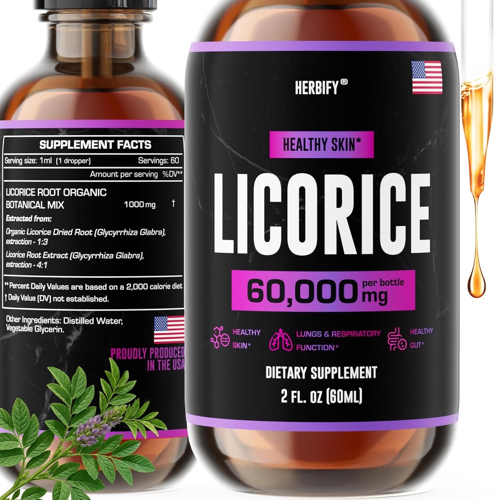 HERBIFY Extrait de racine de réglisse - Supplément de réglisse puissant - Supplément de soutien pulmonaire - Extrait de réglisse pour la santé de la peau et le soutien immunitaire - Fabriqué aux États-Unis - 2oz