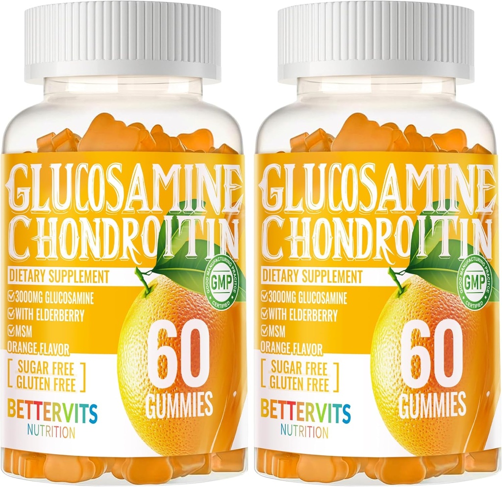 Glucosamine Chondroïtine Gommies avec MSM & Elderberry Extra Strength - Soutien articulaire, Supplément de soutien immunitaire antioxydant pour adultes, hommes et femmes120 Gommies oranges