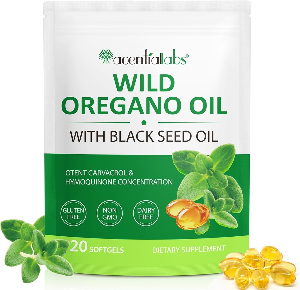 Huile d'Origan Softgels, 120 capsules de complément d'huile de comte d'Origan, capsules d'huile d'Origan, 165mg Carvacrol, 2 en 1 6000mg huile d'Origan avec huile de graines noires 200mg