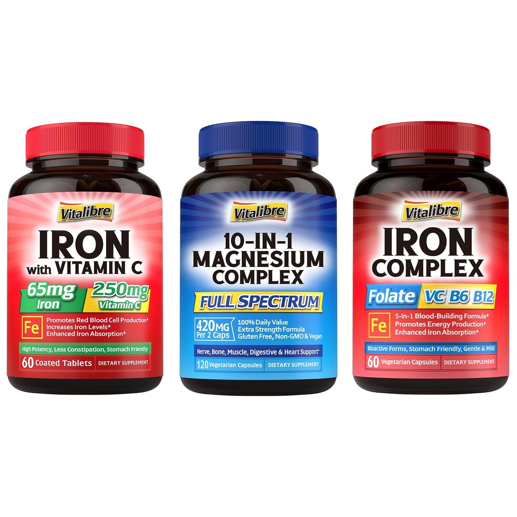 10 in 1 Magnesium Complex & Eisen Supplement, 65mg Carbonyl Eisen mit 250mg Vitamin C & 5 in 1 Eisen Complex