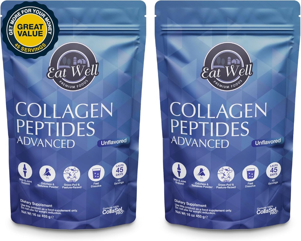 EAT WELL PREMIUM FOODS Collagen Peptide Powder Protein 45 Servierungen, 16oz, Kollagen für Haut, Knochen und Gelenkunterstützung, Typ I & III Gras Fed Collagen (45 Servierungen (Pack von 2), Unflavored)