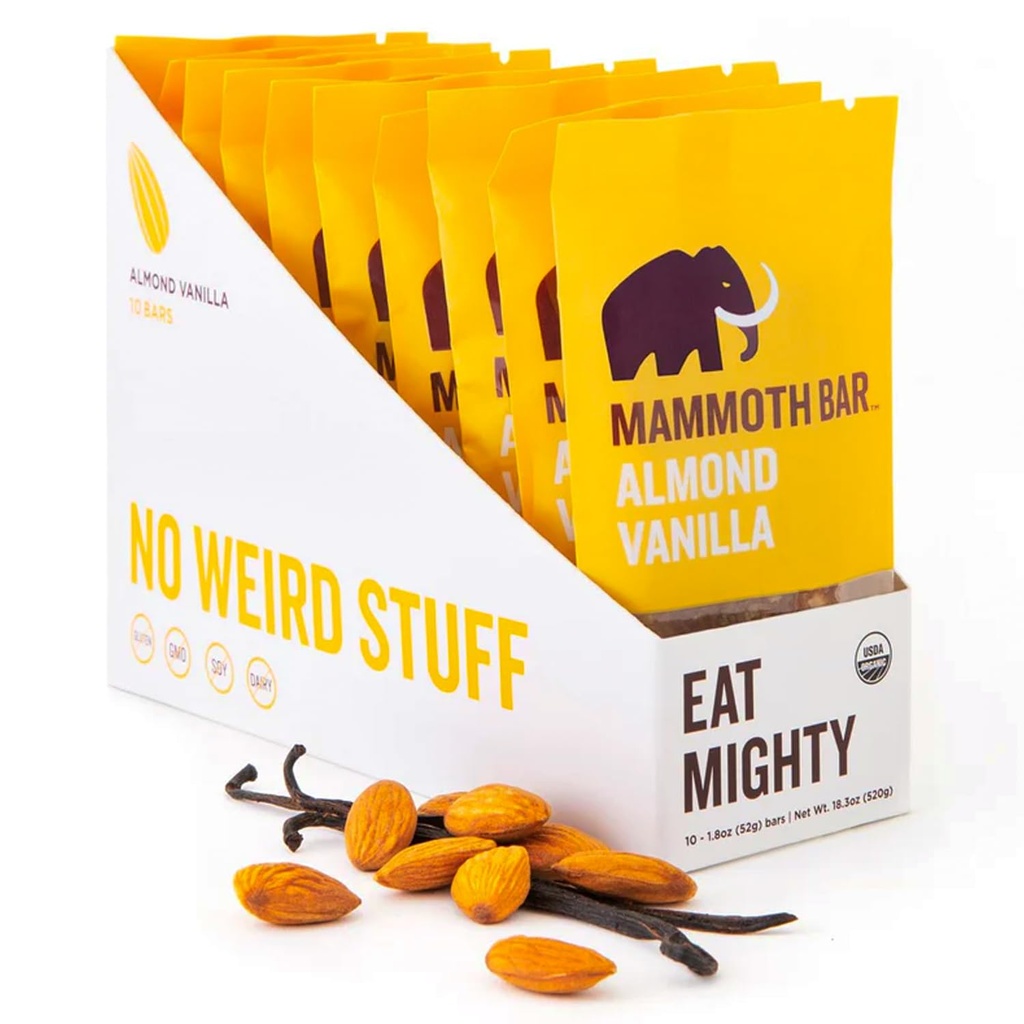 Mammoth Bar Mandel Vanille Bar - 10 Bio Protein Bars – Prebiotic • Paleo • Glutenfrei • Eiweiß • GMO Free • Rohe • Premium-Nüsse