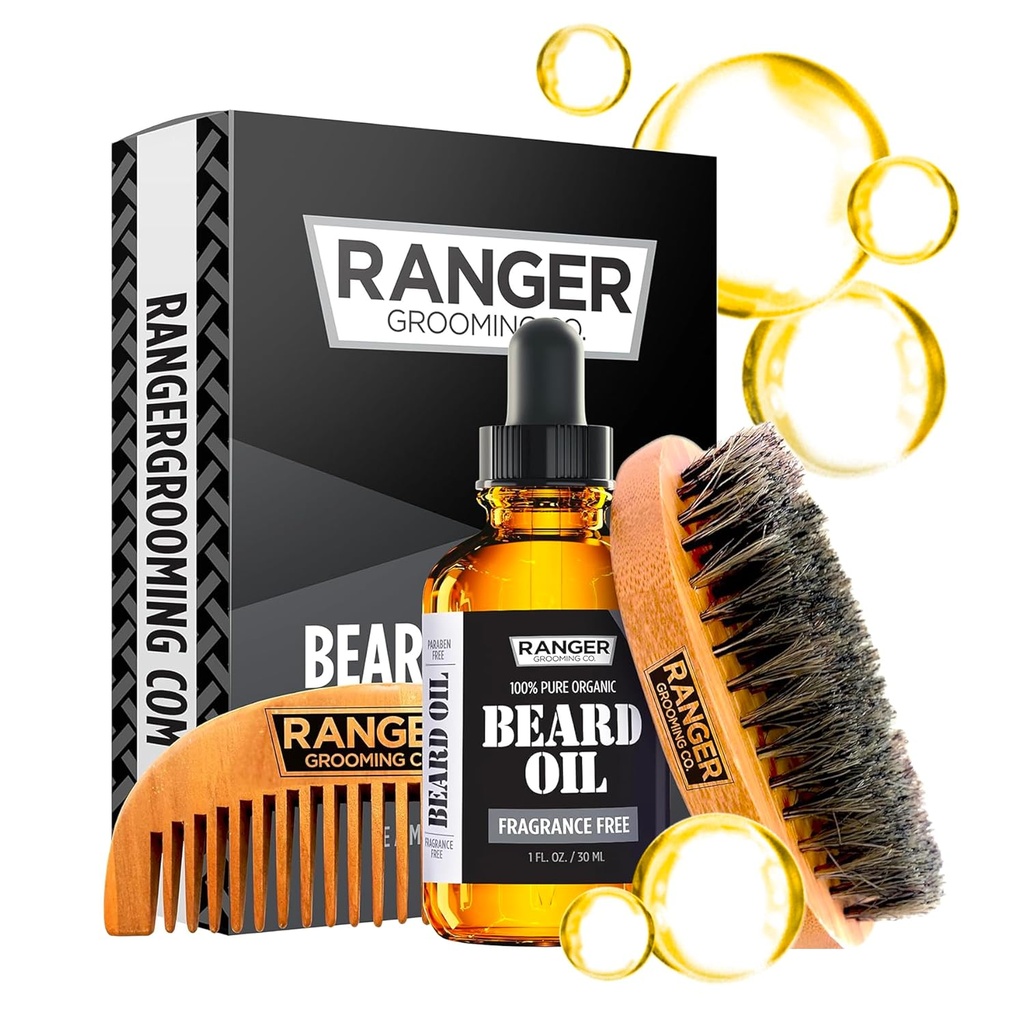 Bart Kit von Ranger Grooming Company von Leven Rose, 100% Bio Natural Fragrance Free Unscented Beard Oil, Boar Bristle Beard Brush, Natural Wood Comb Beard Care Starter Set für Herren
