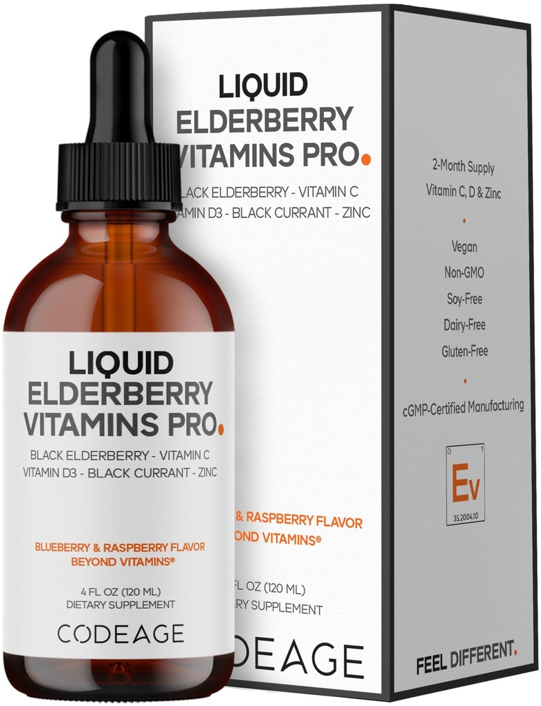 Codeage Elderberry Vitamins Pro - Organic Black Elderberry Liquid Drops - Vitamin C, D3, Zink, Black Currant - 2-Monats-Versorgung - Schwarze Sambucus-Flüssigkeit - Ergänzung für Erwachsene & Kinder - 4 fl oz