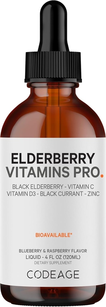 Codeage Elderberry Vitamins Pro - Organic Black Elderberry Liquid Drops - Vitamin C, D3, Zink, Black Currant - 2-Monats-Versorgung - Schwarze Sambucus-Flüssigkeit - Ergänzung für Erwachsene & Kinder - 4 fl oz
