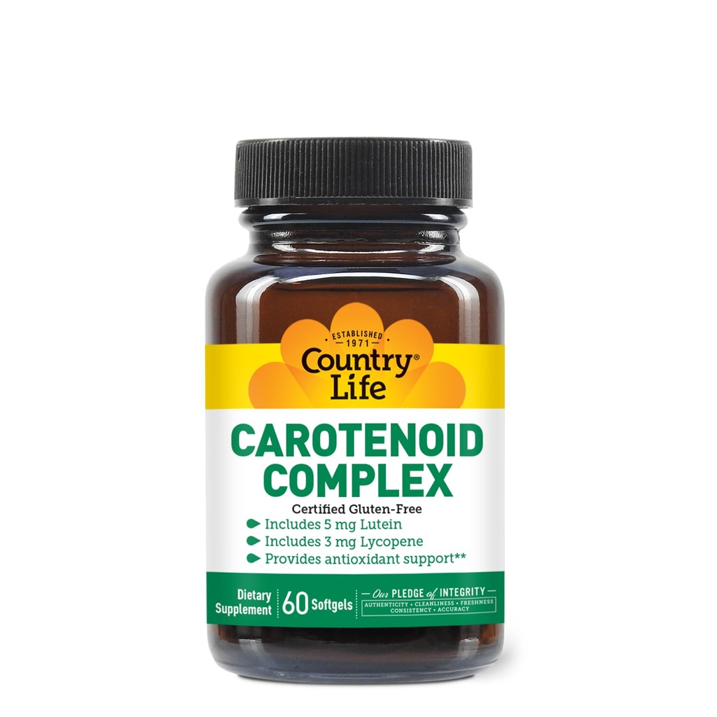 Complexe caroténoïde Country Life avec lutéine, lycopène et astaxanthin, 60 Softgels, support antioxydant