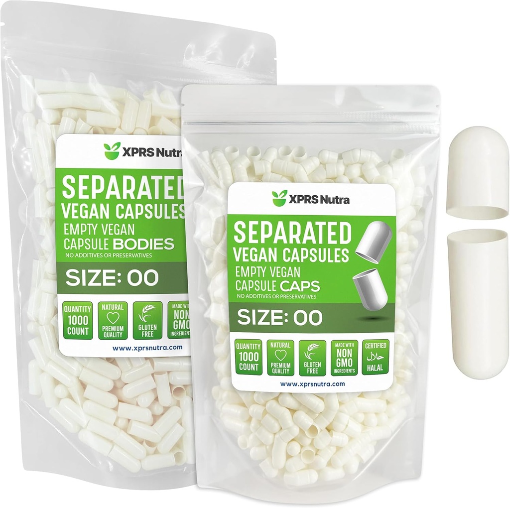 XPRS Nutra Vegan Größe 00 Getrennte Kapseln - 1000 Count Premium Leer Kapseln Getrennt in Taschen - 00 Pillen Leer für DIY Ergänzung Füllung (Weiß)