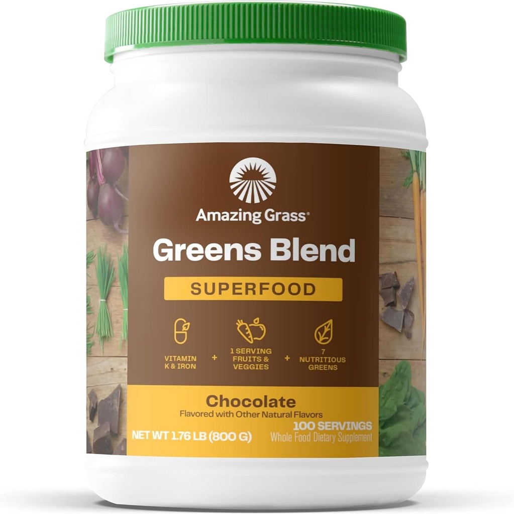 Erstaunliches Gras Grüns Superfood-Pulver: Grünes Pulver mit Verdauungsenzymen & Probiotika, Bio Spirulina, Chlorella und Rübenwurzelpulver, Schokolade, 100 Servierungen