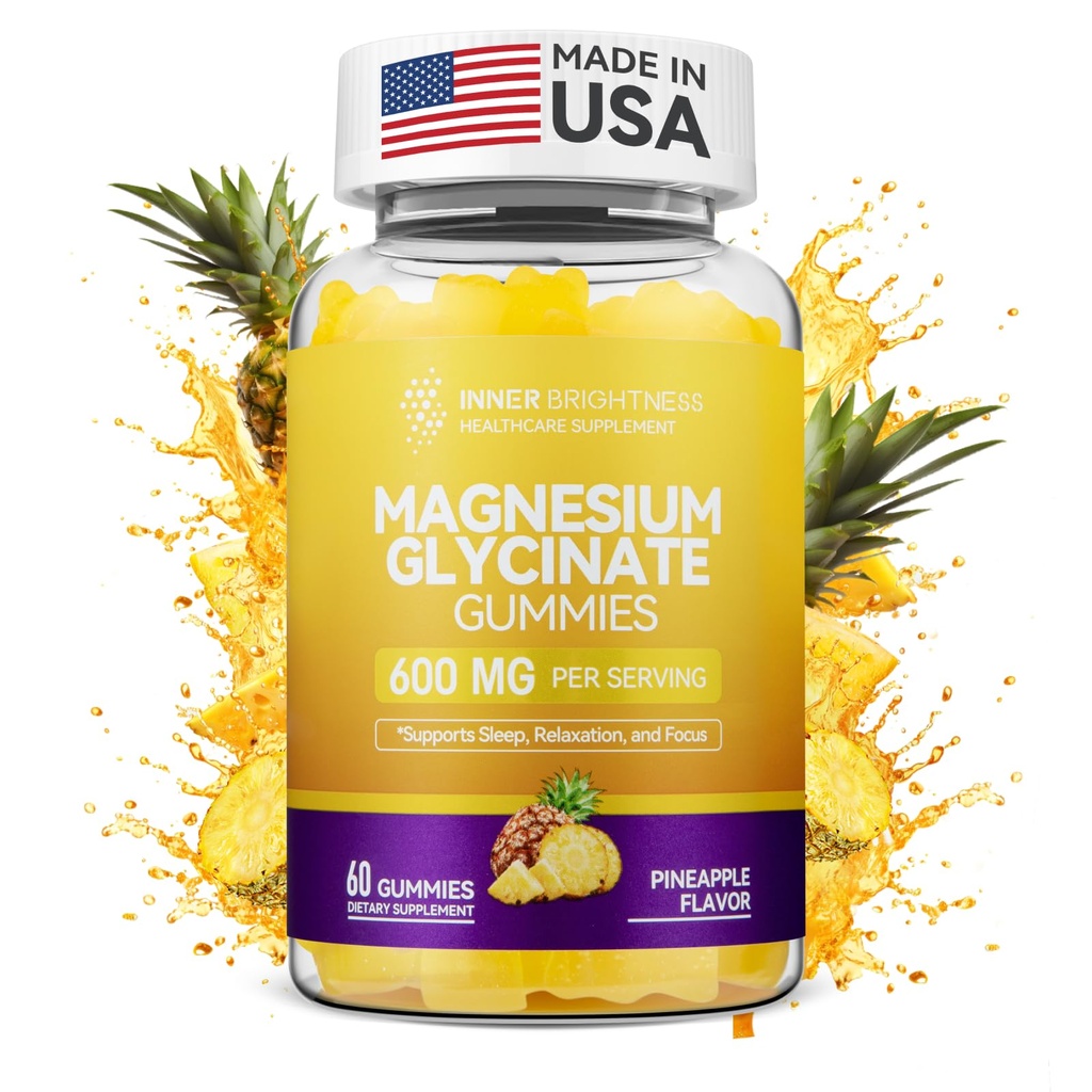 Magnesium Glycinate Gummi 600mg, Non-GMO, Glutenfrei, Magnesiumgummis für Erwachsene & Kinder, Schlaf, Entspannung & Fokus, Ananas Flavor, 60 Count