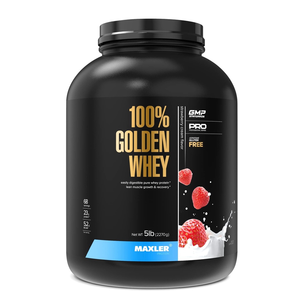 Maxler 100% Golden Whey Protein - 23g de poudre de protéines premium Whey par portion - Pré-entraînement, post-entraînement et intra - Absorbage rapide Whey hydrolysat, isolat et mélange concentré - Crème de fraise 5 lbs