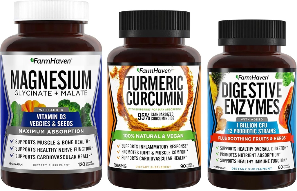 FarmHaven Magnésium Glycinate & Malate Complex w/Vitamine D3 & Curcumine curcumine avec Pepper Noir BioPerine et enzymes digestives avec 18 probiotiques et herbes