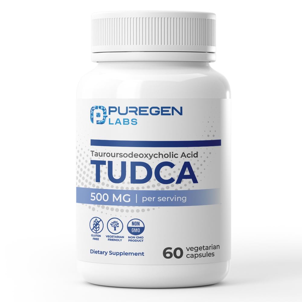 Puregen Labs TUDCA (Acide Tauroursodeoxycholique) 500mg par portion, Sels Biles Supplément foie , Pas d'additifs nocifs , Non-OGM , Sans gluten - 60 Capsules végétariennes