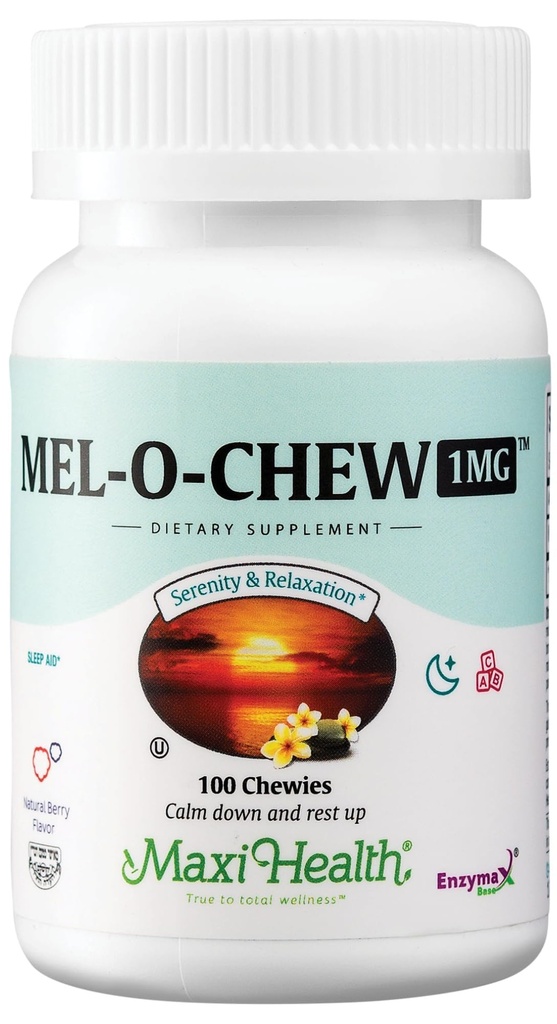 Maxi Health Melatonin 1mg Chewable - Schlafhilfe Melatonin zur Förderung des natürlichen Schlafs – Nicht-Habit-Ergänzung mit Enzymax zur schnellen Unterstützung Kosher (100 Einheiten)
