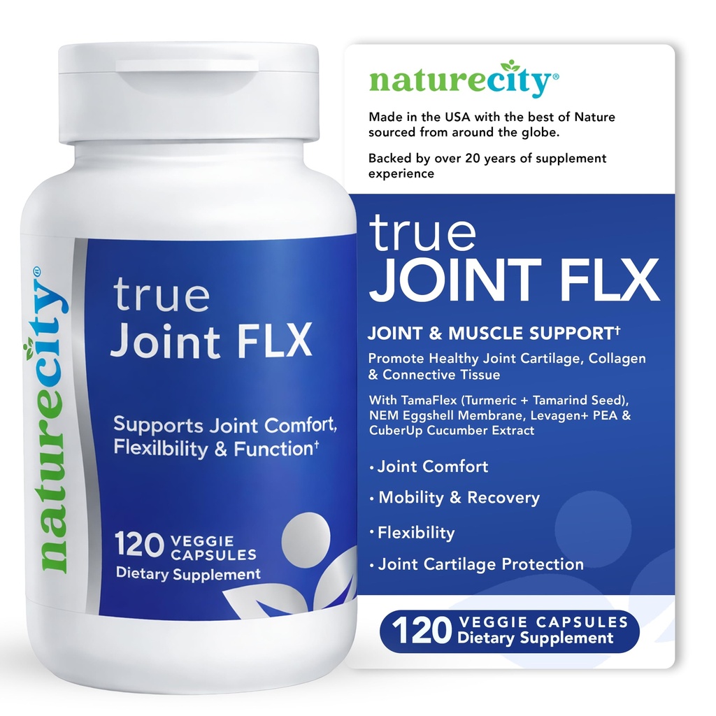 NatureCity True-Joint FLX Joint Supplement Formula (120 Kapseln) | TamaFlex, NEM Eggshell Membrane, Levagen+ PEA & CuberUp | Unterstützt gemeinsamen Komfort, Flexibilität, Mobilität, Funktion & Cartilage Gesundheit