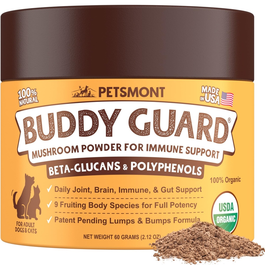 Petsmont Buddy Guard for Lumps and Bumps, Lipoma for Dogs & Cats, Brevet En cours de 8 Mélange de Poudre de Champignons Biotiques et Immunissables Chien Naturel Soutien Chaga, Reishi, Lion's Mane, Turkey Tail Mushroom