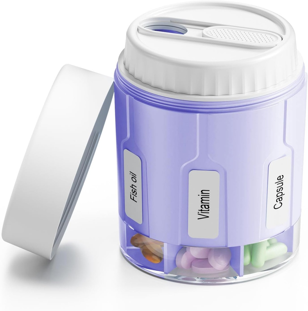 Organisateur de bouteille Daviky Pill, organisateur de supplément avec 7 grands compartiments, distributeur de pilules de voyage boîte à pilules ronde avec deux lids (Purple)