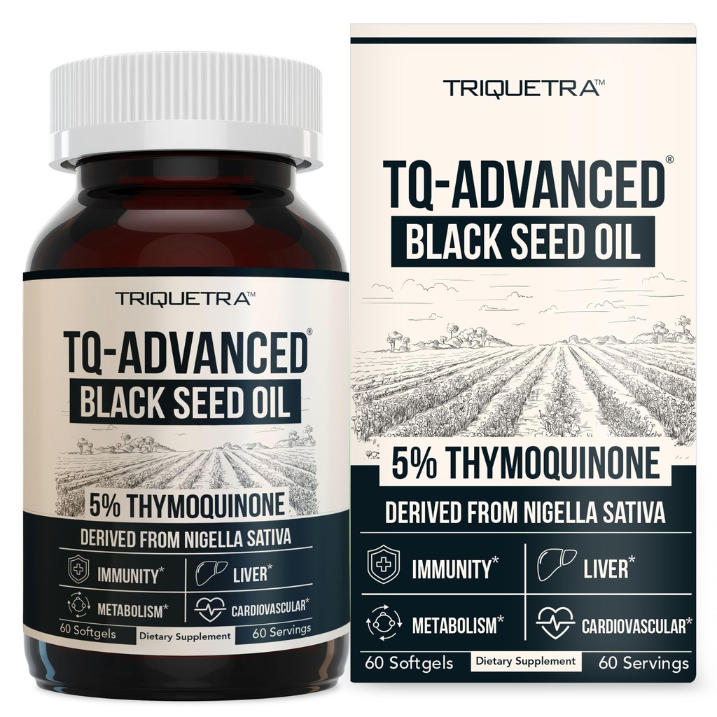 Black Seed Oil Softgels | 5% Thymochinon - TQ-Advanced® | Hohe Potenz - 500 mg pro Kapsel - 15:1 Konzentrat aus Nigella Sativa Extrakt, Rohform, Vegan Formel, Glasflasche (60 Softgels)