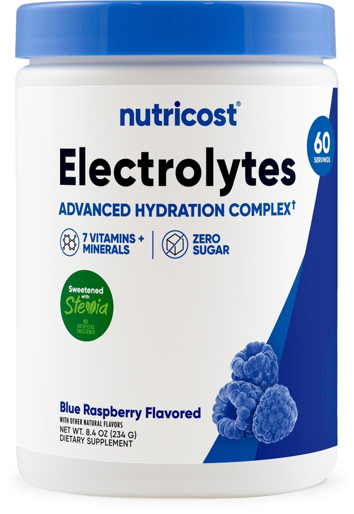 Poudre complexe d'électrolyte Nutricost (60 portions, framboise bleue) - Mélange de supplément d'hydratation avec vitamines et minéraux