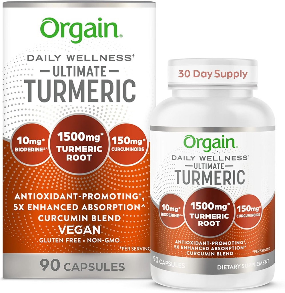 Orgain Ultimate Turmeric Supplement 1500mg, Curcumin und Bioperine Schwarz Pfeffer Extrakt Kräutermischung, unterstützt Antioxidans und Herzgesundheit - 90 Kapseln, 1 Monat Versorgung