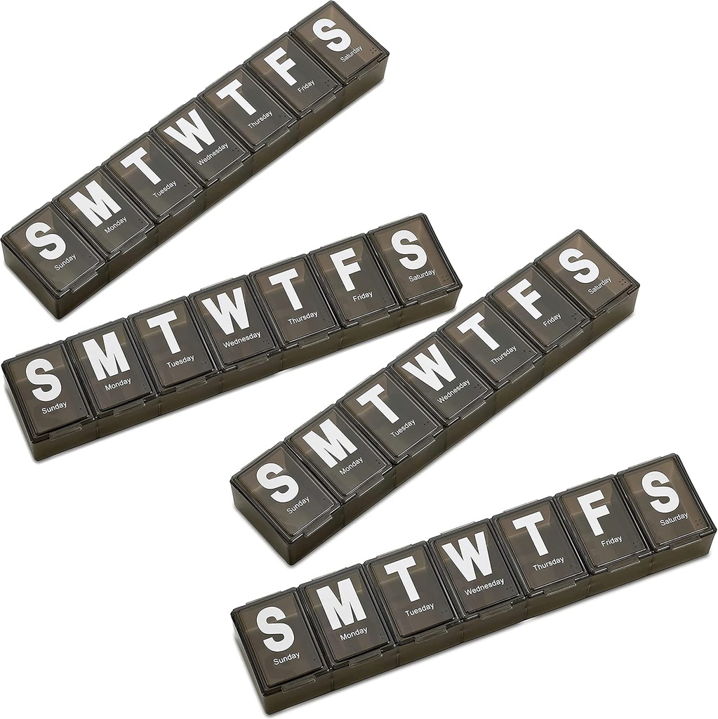 Wöchentlicher Pillen-Organisator - (Pack mit 4) Extra große Vitamin-Container mit Jumbo einfach zu lesen Buchstaben, BPA kostenlos - Tägliche Reise 7-Tage-Medizin Pillen-Kasten, (Schwarz)