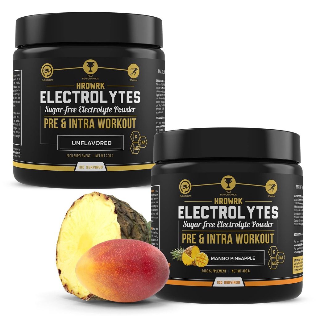 HRDWRK - 100 Servierungen Keto Elektrolyte Pulver Hydration Sugar Free - Elektrolyt-Pulver zur Steigerung der Endurance & Reduzieren Fatigue mit Elektrolyten Supplement - Unflavored & Mango Ananas Set