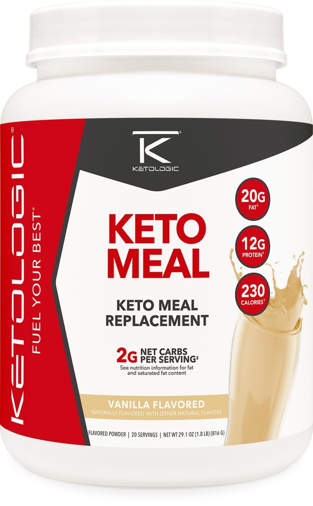 Ketologic Keto Meal Ersatz Shake Pulver für optimale Ergebnisse + MCT Öl + Gras-Fed Whey - Perfekt geformte Makros für Ketosis - 20 Servierungen - Vanille