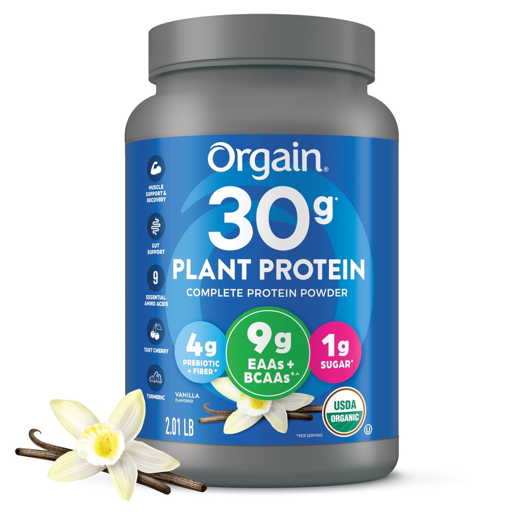Orgaine Bio 30g Poudre végétalienne de protéines végétales, Vanille, 9g EAA + BCAA, Protéines végétales élevées, 4g Prébiotique + Fibre, 1g Sucre, Pré-entraînement, Soutien musculaire + Récupération - 2.01lb (Paquetage May Vary)