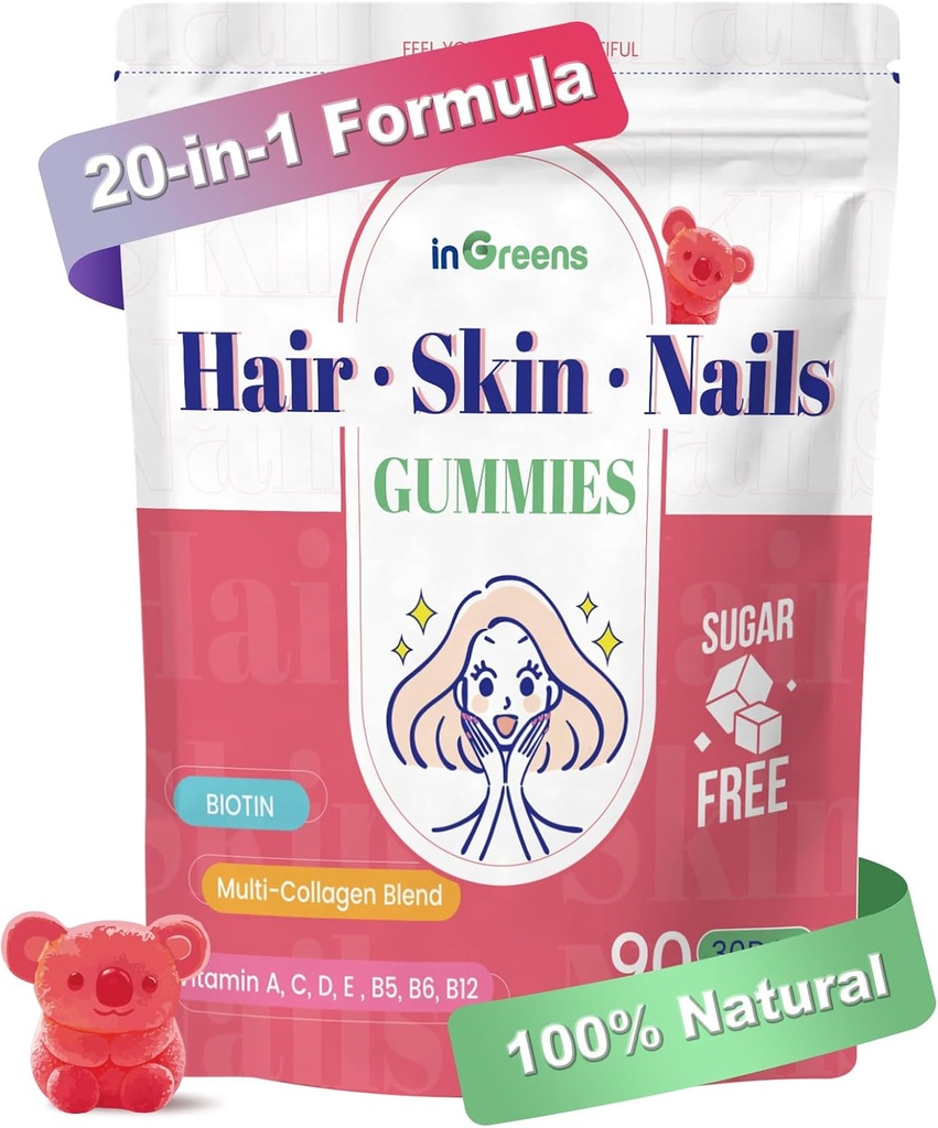 20-en-1 Peau de cheveux et ongles Gommies, Vitamines de biotine capillaire pour les femmes et les hommes avec 10000 mcg Biotine, Vitamines A, C, D, E pour la croissance des cheveux et une peau saine, Saveur de pêche blanche, 90 Gommies