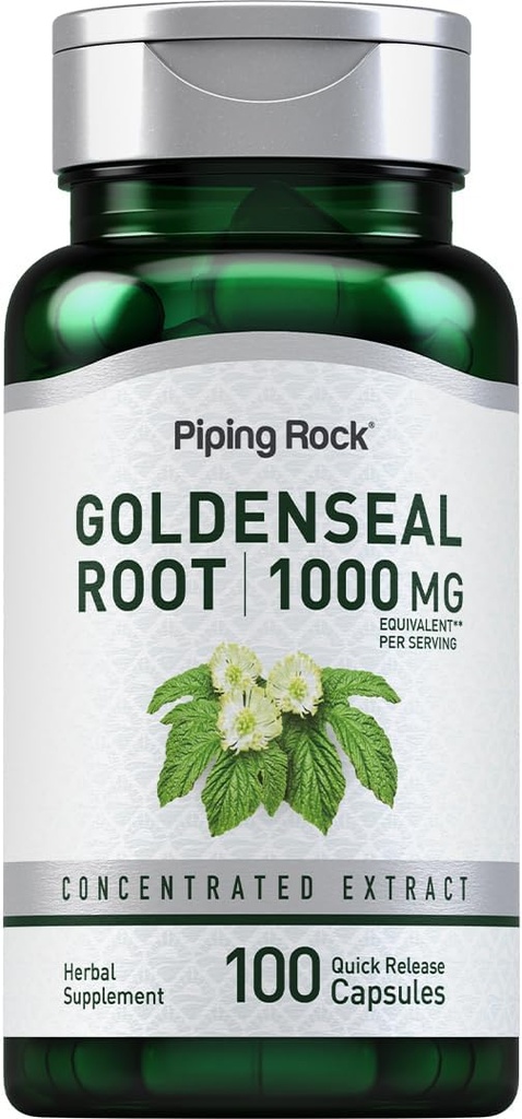 Piping Rock Goldenseal Wurzel Kapseln | 1000mg | 100 Pillen | Kräuterergänzung | Konzentrierter Extrakt | Non-GMO, Glutenfrei